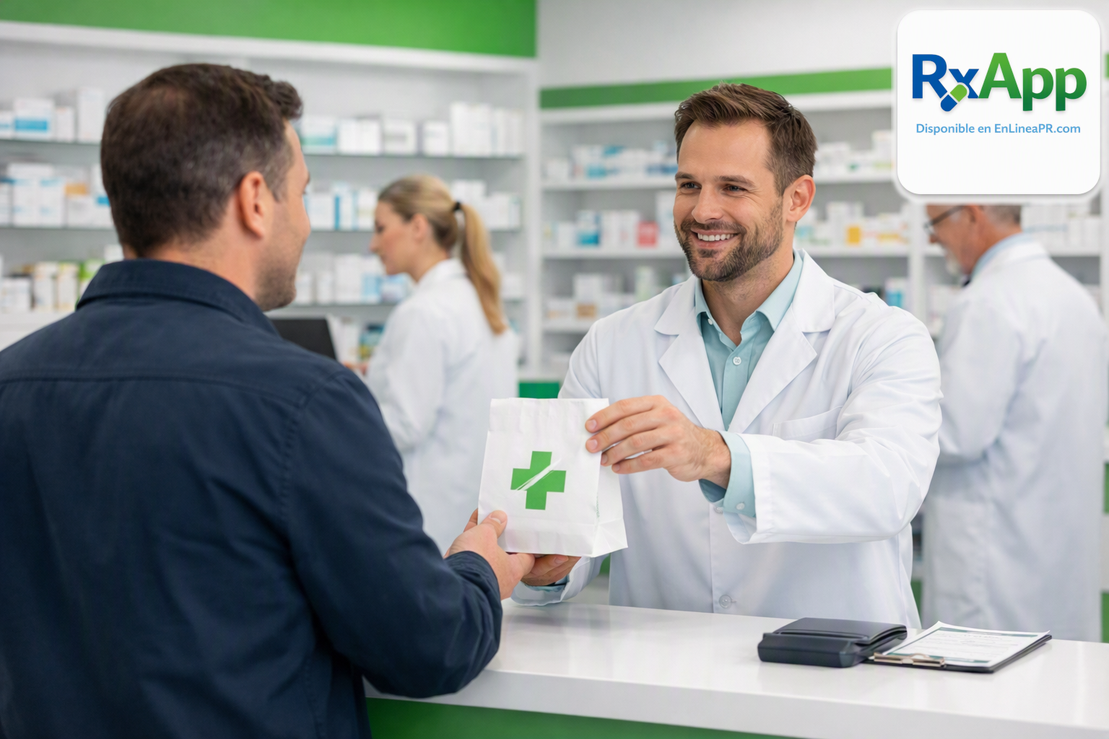 Cliente de farmacia ahorrando tiempo en la fila